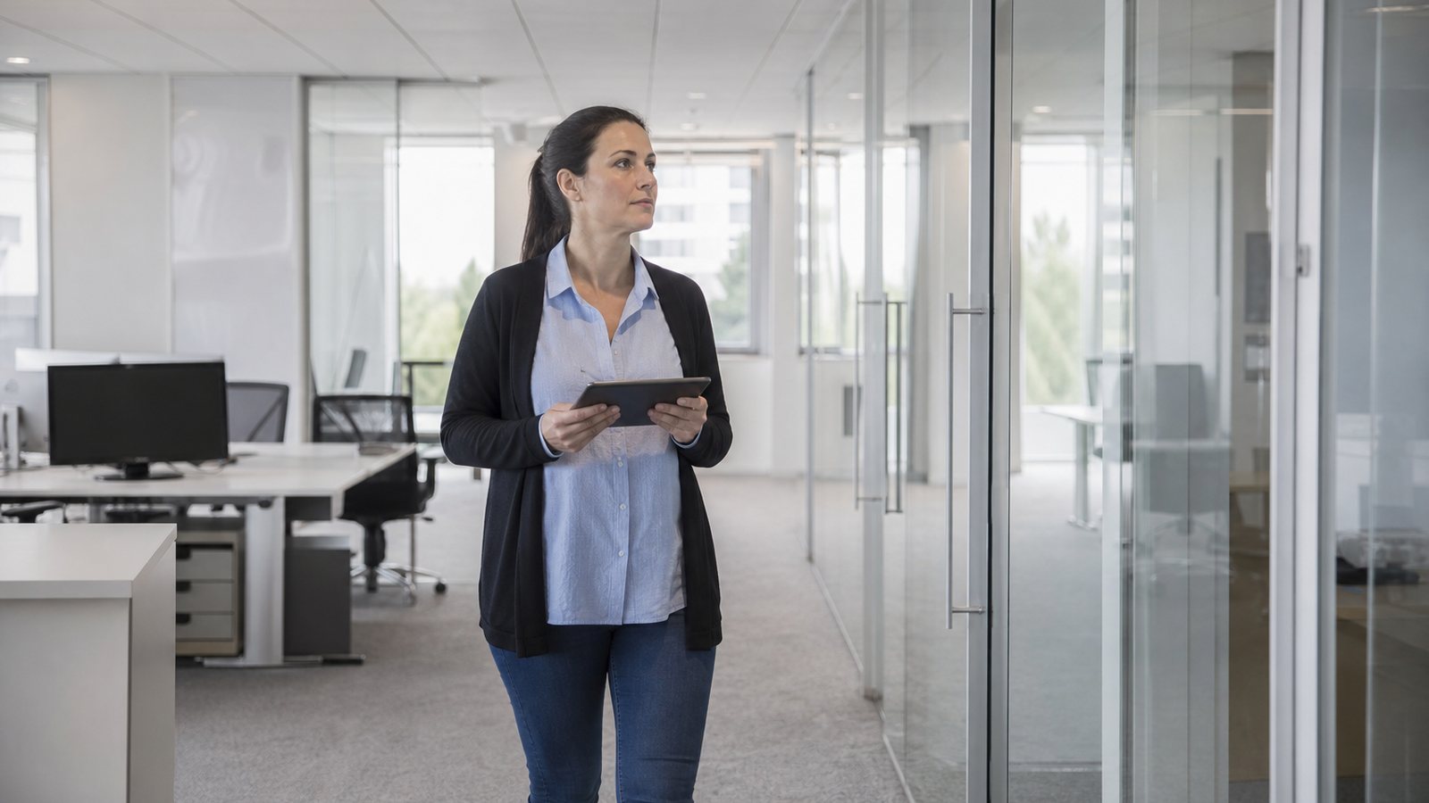 Responsable de propreté visitant des bureaux vides avant le premier passage de son équipe